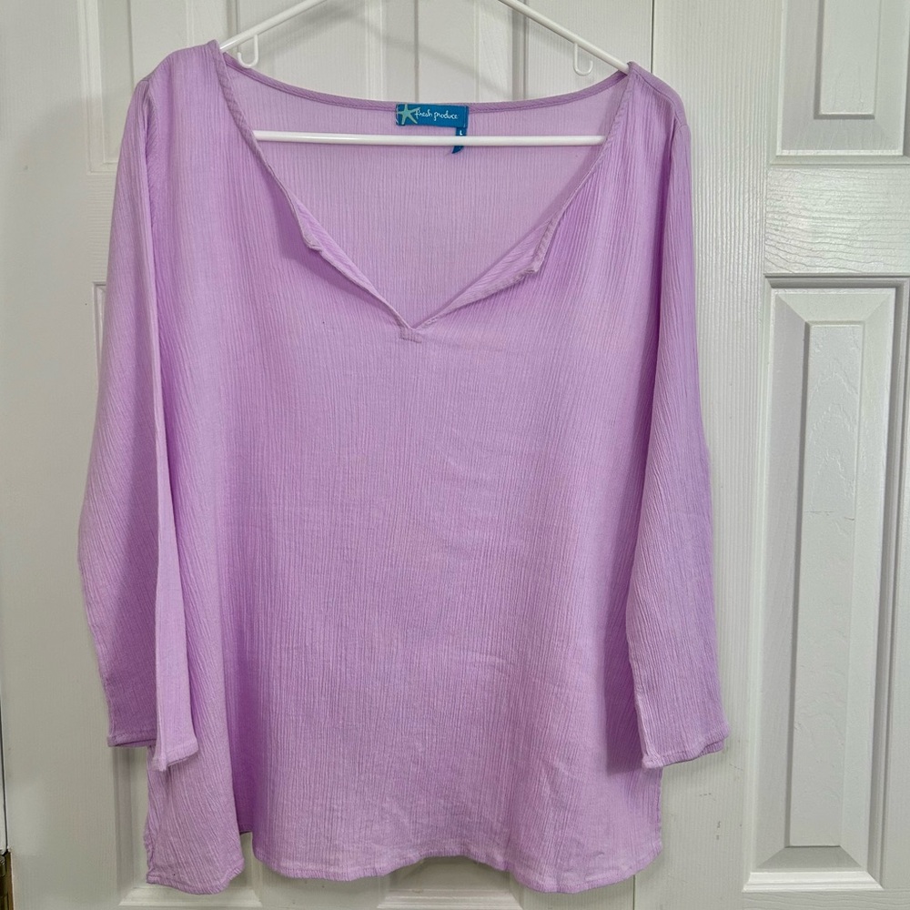 Fresh Produce Purple 3/4 Sleeve Gauzy Cotton V-Neck Blouse Size Large